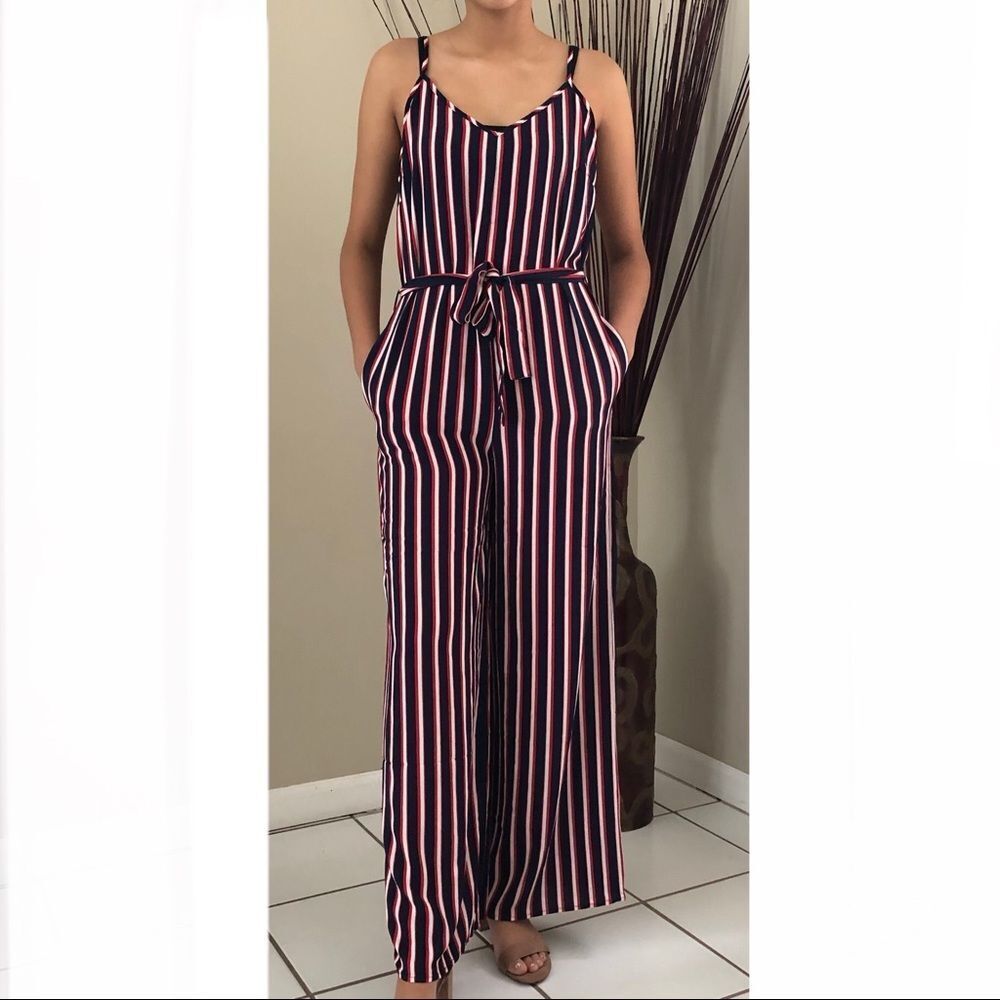 Multicolor Wide Leg Jumpsuit S Striped Red White Navy Casual Chic Party Coastal